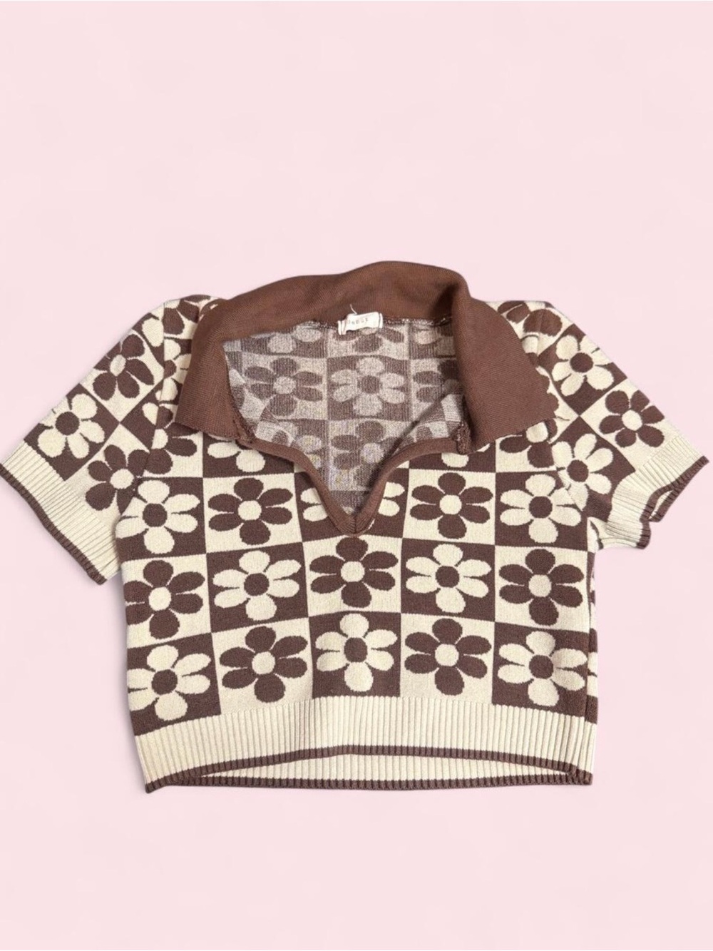 Debut Floral Checker Knit Polo Crop Top in Brown & Cream